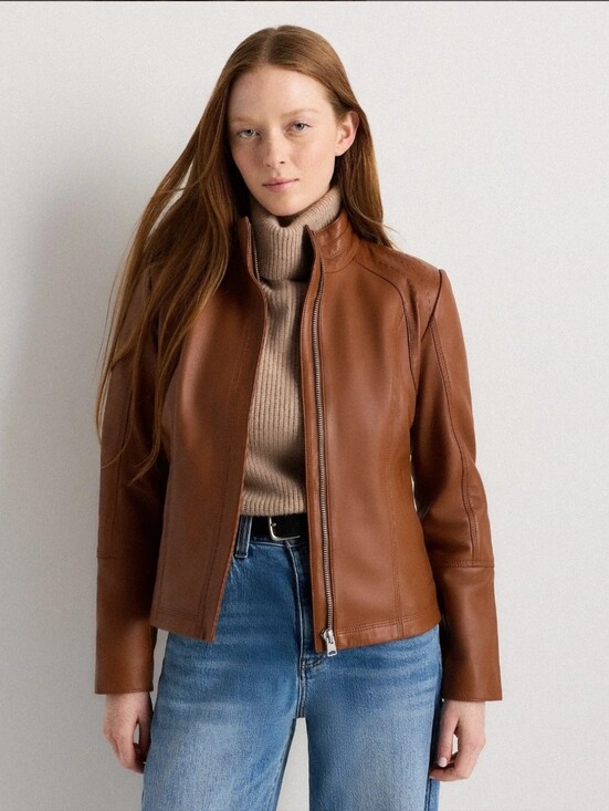 Quince Jackets & Blazers - NWT! Quince 100% Leather Cognic Stand Collard Jacket! Woman's Sz. M! (E26)